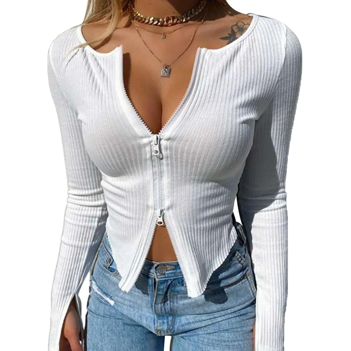 Women\u2019s Zipper Design Ribbed Crop Top, Solid Color Tight-fitting Elastic Shirt for Party Club Casual
Women\u2019s Zipper Design Ribbed Crop Top, Solid Color Tight-fitting Elastic Shirt for Party Club Casual
