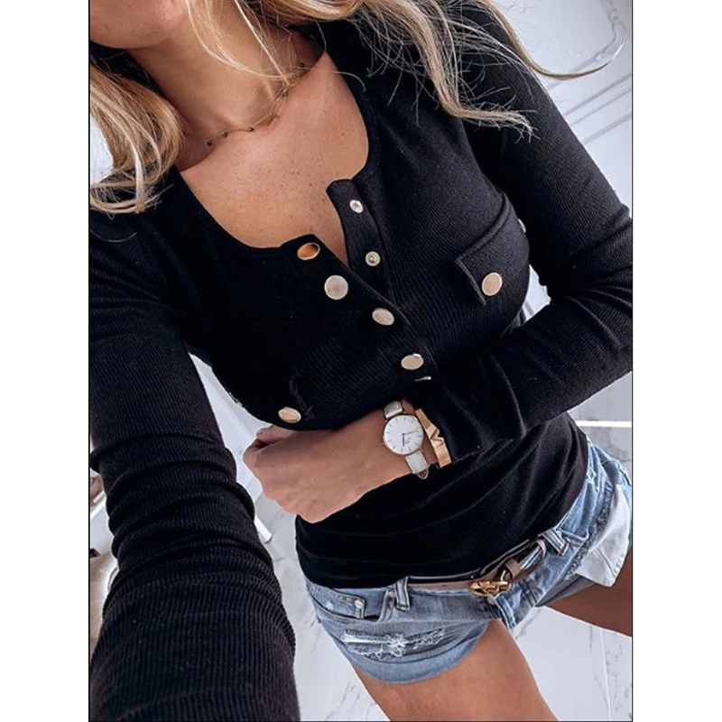 New Fashion Button Long Sleeve T-Shirt Sexy Women Harajuku Slim Casual Elastic V-Neck Elegant Ladies Solid Knit Tops SJ4811C
New Fashion Button Long Sleeve T-Shirt Sexy Women Harajuku Slim Casual Elastic V-Neck Elegant Ladies Solid Knit Tops SJ4811C