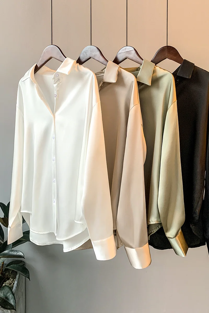 Satin white shirt women's design sense small crowd light ripe new 2021 spring Hong Kong style women's Shirt Top
