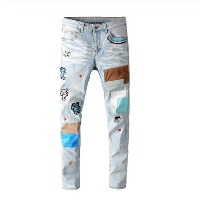 New Men's male fashion bear embroidery patchwork light blue jeans Streetwear holes ripped stretch denim skinny jeans trousers
New Men's male fashion bear embroidery patchwork light blue jeans Streetwear holes ripped stretch denim skinny jeans trousers