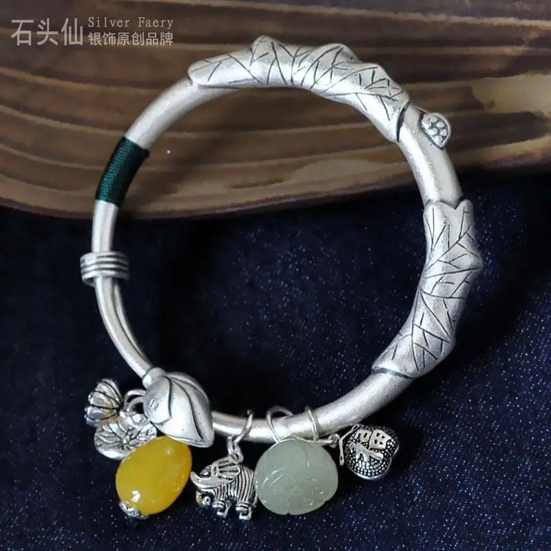 

Women's Silver Bracelet Sterling Silver Solid Vintage Ethnic Style Tassel Beeswax Jade-Made Seedpod of the Lotus Pure Silver Pus