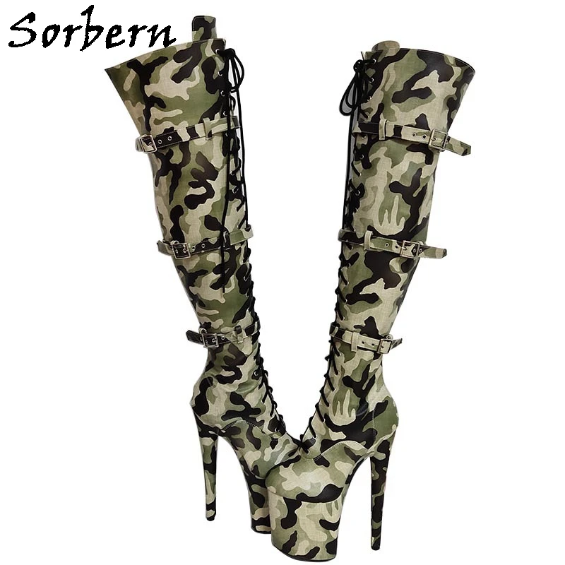 

Sorben Camouflage Mid Thigh Boots Women Pole Dance Stripper High Heel 20Cm Platform Straps Buckle Custom Leg Width Shalft Length