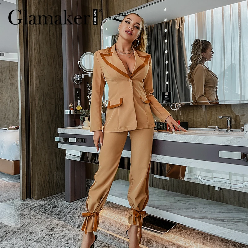

Glamaker Two piece set office ladies Women lace up casual blazer jacket and pants Fashion streetwear Color contrast co ord set