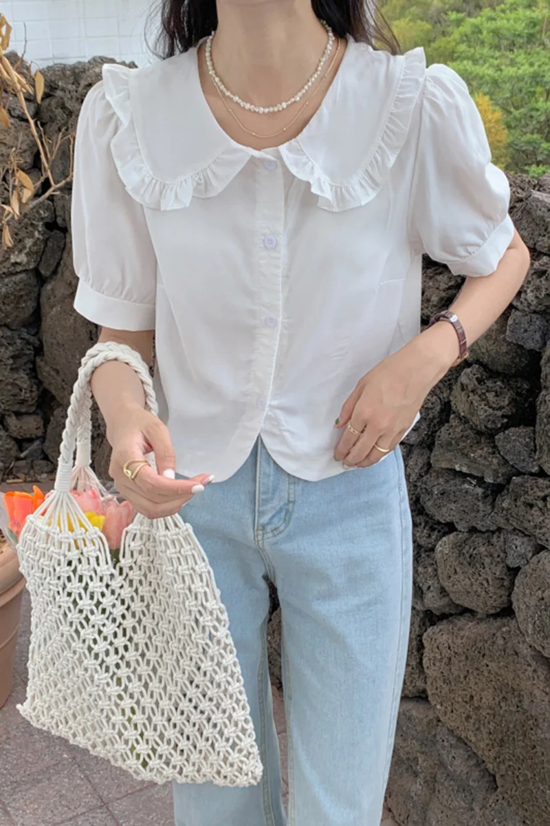 French Style Doll Collar Blouse Solid Colour Elegant Shirt for Women Sweet Ruffled Summer Blusas Korean Style Short Sleeve Top
French Style Doll Collar Blouse Solid Colour Elegant Shirt for Women Sweet Ruffled Summer Blusas Korean Style Short Sleeve Top