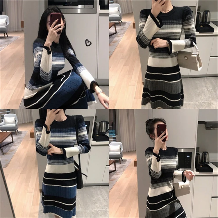 Autumn and winter 2020 new French style retro mid length sweater dress striped knitted bottomed dress
Autumn and winter 2020 new French style retro mid length sweater dress striped knitted bottomed dress