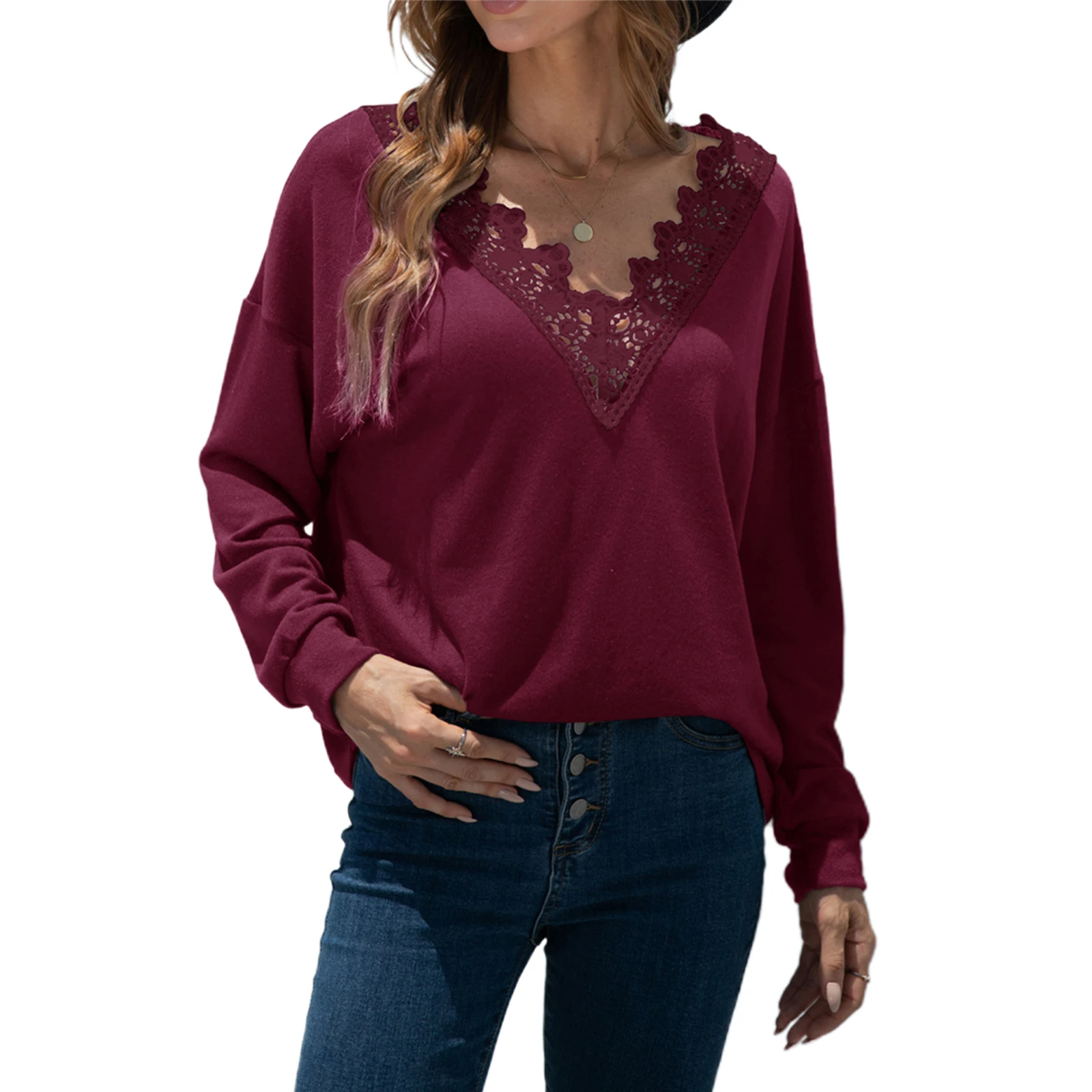 Women Casual Simple Style Pullover Solid Color Lace Stitching Deep V-neck Long Sleeve Loose Tops
Women Casual Simple Style Pullover Solid Color Lace Stitching Deep V-neck Long Sleeve Loose Tops