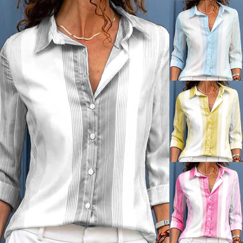 Autumn Women's Shirt Long-sleeved Striped Turn-down Collar Single-breasted Polyester Ladies Casual Shirt
Autumn Women's Shirt Long-sleeved Striped Turn-down Collar Single-breasted Polyester Ladies Casual Shirt