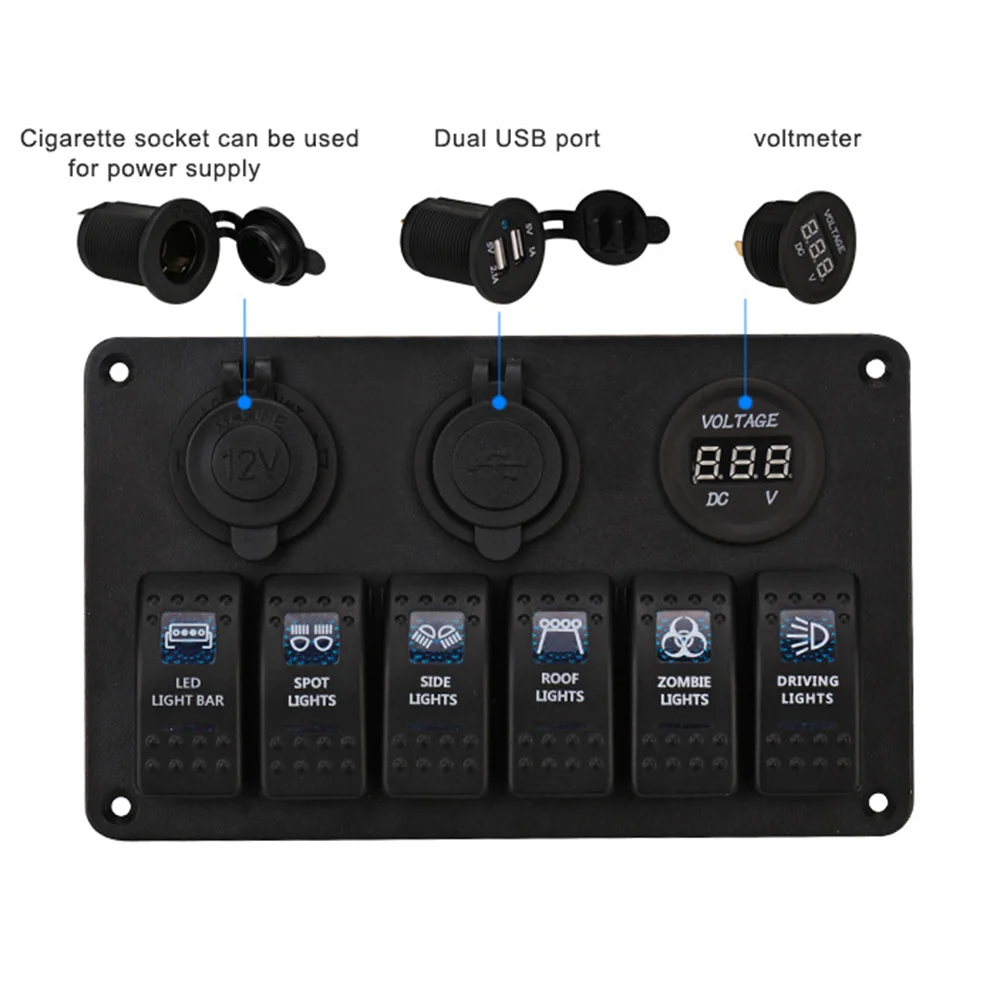 6 Gang car switch panel Marine Boat Rocker Switch Panel Dual USB Slot Socket + Digital Voltage Display + Cigarette lighter
6 Gang car switch panel Marine Boat Rocker Switch Panel Dual USB Slot Socket + Digital Voltage Display + Cigarette lighter