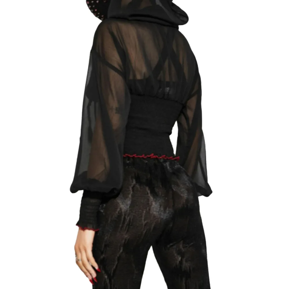 Gothic Fashion Blouse Solid Color Sexy Perspective Hooded Zipper Draw Back Lantern Sleeve Casual High Street Summer 2021
Gothic Fashion Blouse Solid Color Sexy Perspective Hooded Zipper Draw Back Lantern Sleeve Casual High Street Summer 2021