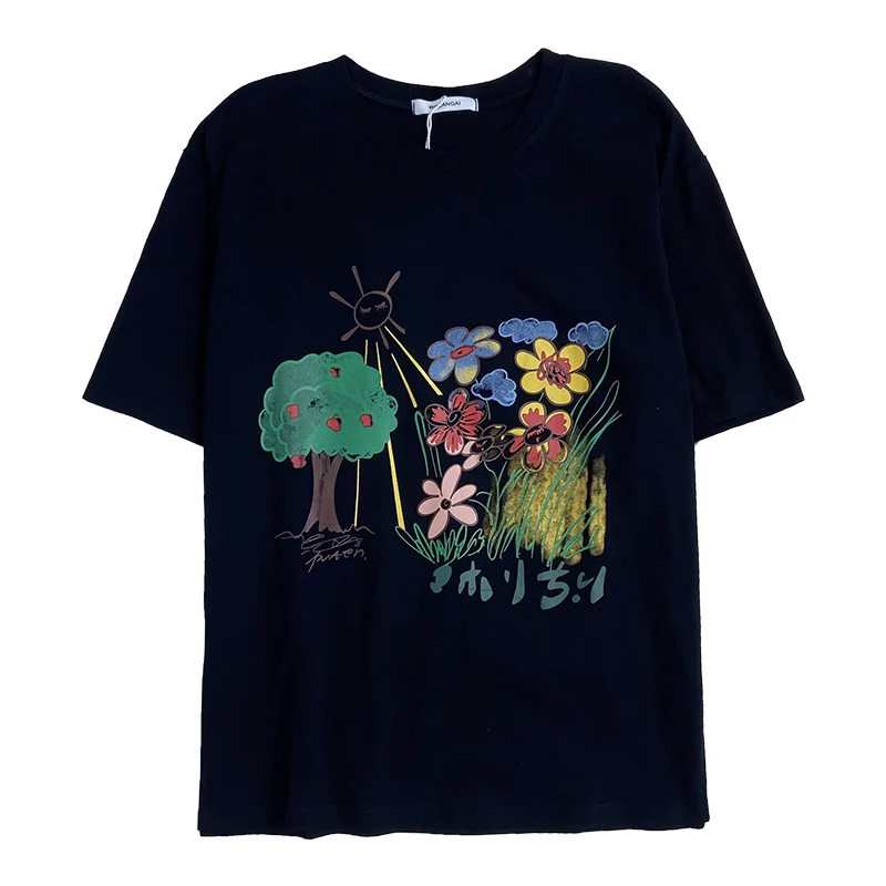 Childlike graffiti print summer cotton solid color O neck loose all-match short-sleeved T-shirt
Childlike graffiti print summer cotton solid color O neck loose all-match short-sleeved T-shirt