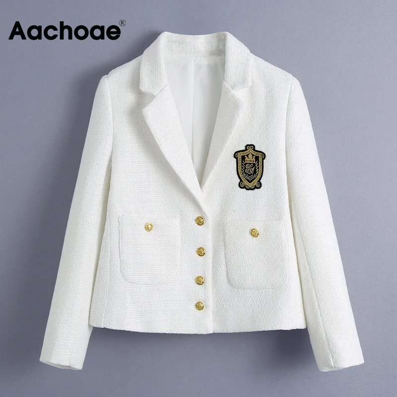 

Женский твидовый Блейзер Aachoae, Белый однобортный офисный пиджак с карманами, верхняя одежда, пальто с длинным рукавом, костюм в стиле Хай-стр...