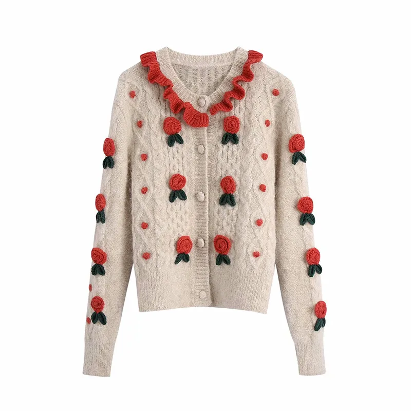 Women Fashion Flower Appliques Knitted Za Cardigans Tops Female Autumn Red Ruffles Collar Long Sleeve Casual Sweaters Chic
Women Fashion Flower Appliques Knitted Za Cardigans Tops Female Autumn Red Ruffles Collar Long Sleeve Casual Sweaters Chic
