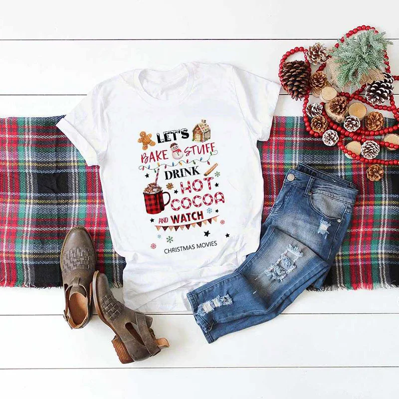 Fashion shirts let us cook and drink hot cocoa to watch Christmas movies T-shirt printing O-neck short-sleeved ladies Harajuku t
Fashion shirts let us cook and drink hot cocoa to watch Christmas movies T-shirt printing O-neck short-sleeved ladies Harajuku t
