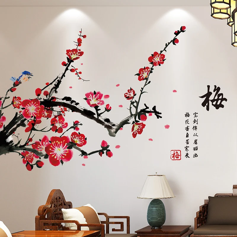 

Chinese Style Plum Blossom Wall Stickers Flower Teenager Living Room Bedroom Headboard Decoration Vintage Home Office Decor Art