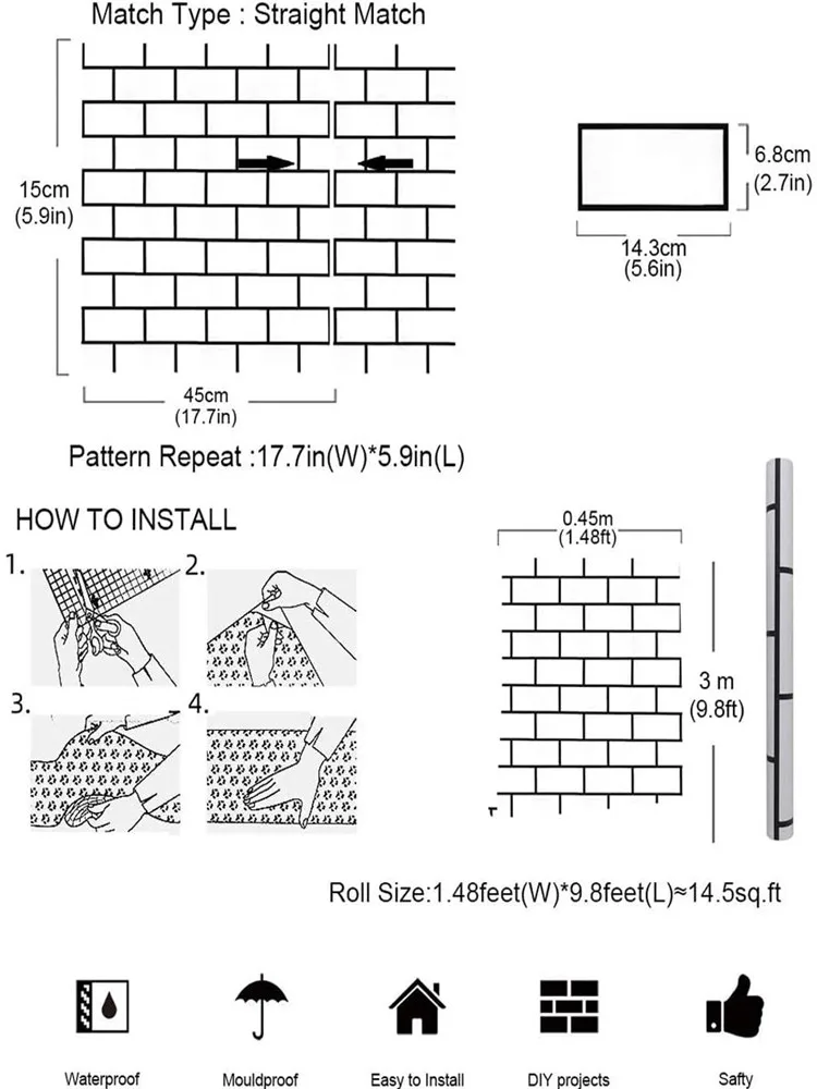 Peel and Stick Wall Paper Black/White 3D Effect Brick Self-Adhesive Removable Wallpaper Waterproof Wallpaper Home Decoration
Peel and Stick Wall Paper Black/White 3D Effect Brick Self-Adhesive Removable Wallpaper Waterproof Wallpaper Home Decoration