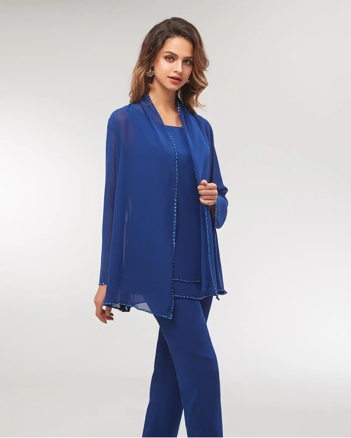 Real Mother of Pantsuit With Jacket Elegant Royal blue 3 Pieces Long Sleeves Beads Chiffon Mother of the Bridal Dress
Real Mother of Pantsuit With Jacket Elegant Royal blue 3 Pieces Long Sleeves Beads Chiffon Mother of the Bridal Dress