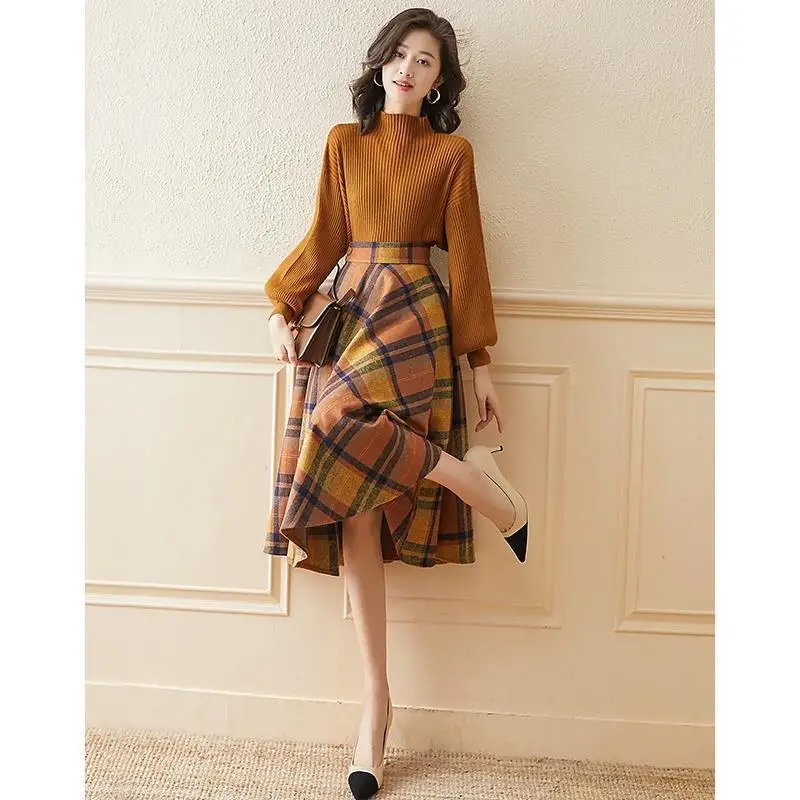 Women's Fashion Suit 2022 Autumn Winter Long-sleeved Sweater With Long Plaid Skirt Two-piece Set Female Elegant 2PCS
Women's Fashion Suit 2022 Autumn Winter Long-sleeved Sweater With Long Plaid Skirt Two-piece Set Female Elegant 2PCS