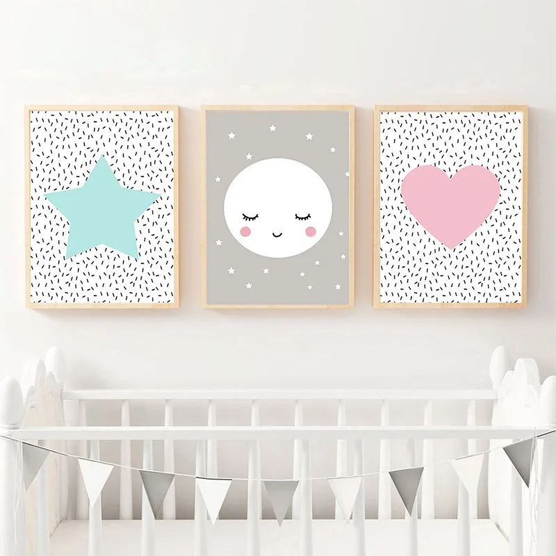 Розовое Сердце Луна Звезда настенное Искусство Холст плакат Kawaii Мультфильм