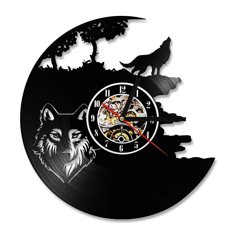 

Forest Wolf Vinyl Record Wall Clock Man Cave Accessories Howling Wolf Wild Nature Art Silent Non Ticking Clock Watch For Bedroom