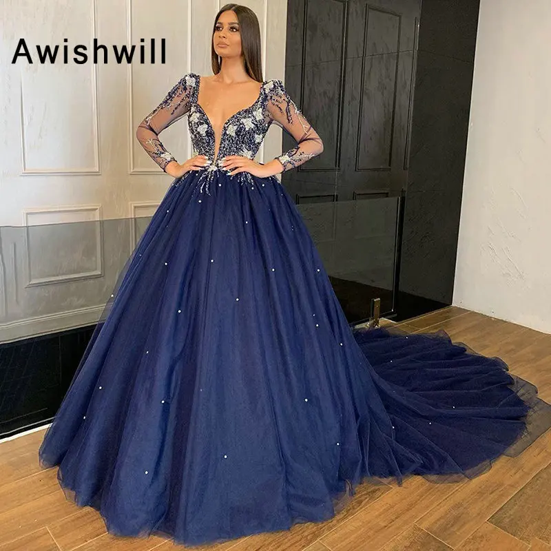 Navy Blue Beaded Long Sleeves Evening Dresses Arabic Sequined Prom Gowns Appliques A Line Women Formal Party Dress Plus Size
Navy Blue Beaded Long Sleeves Evening Dresses Arabic Sequined Prom Gowns Appliques A Line Women Formal Party Dress Plus Size