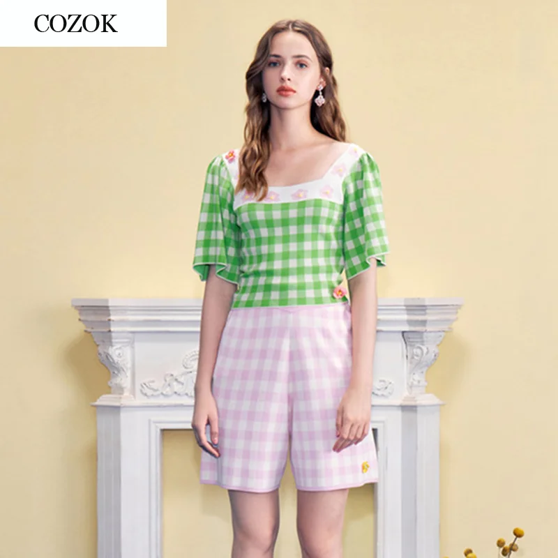 Cute Women Square Collar Short Sleeve Floral Appliques Sequines Plaid Thin Sweater Fluorescent Shirt Women's Crop Top
Cute Women Square Collar Short Sleeve Floral Appliques Sequines Plaid Thin Sweater Fluorescent Shirt Women's Crop Top
