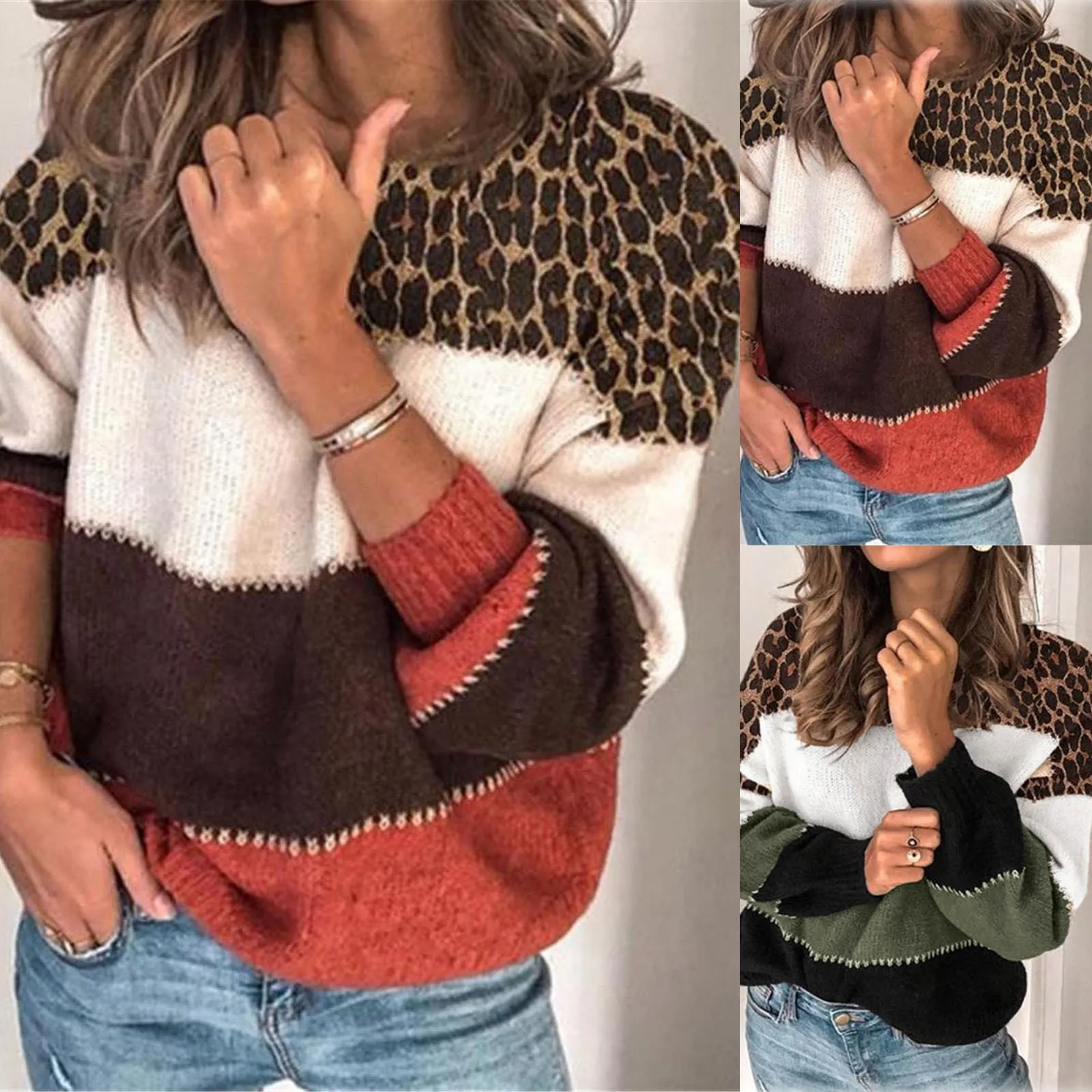 Fashion Women Sweater Leopard Print Stitching Knit Top Sweater O Neck Long Sleeve Sweater Loose Knit Pullover свитера женские
Fashion Women Sweater Leopard Print Stitching Knit Top Sweater O Neck Long Sleeve Sweater Loose Knit Pullover свитера женские