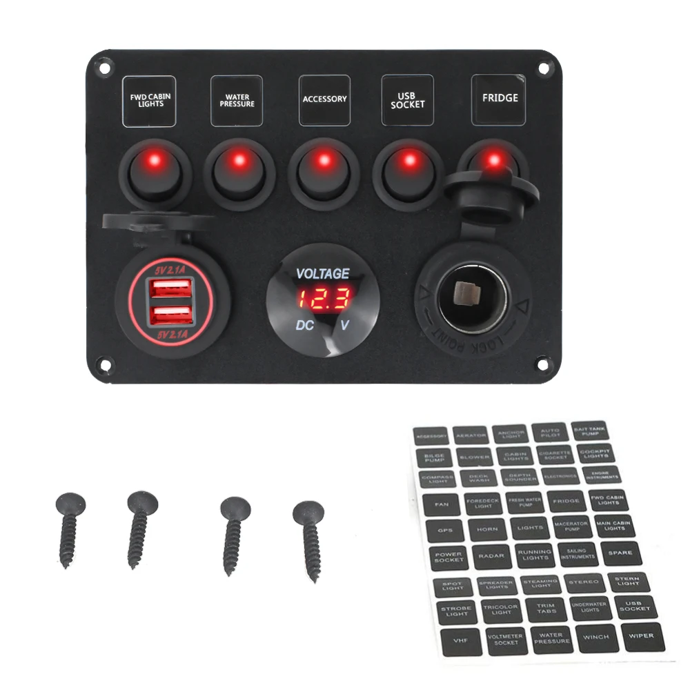 Boat Switch Panel Car Switch Panel Waterproof Digital Voltmeter Dual USB Port 12V Outlet Combination Marine LED Rocker 5 Gang
Boat Switch Panel Car Switch Panel Waterproof Digital Voltmeter Dual USB Port 12V Outlet Combination Marine LED Rocker 5 Gang