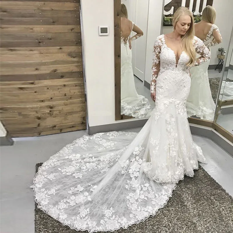 

Sexy Deep V-neck Wedding Dress With Long Sleeves Mermaid Style Ivory Bridal Gowns Appliques Backless Chapel Train Robe De Mariee