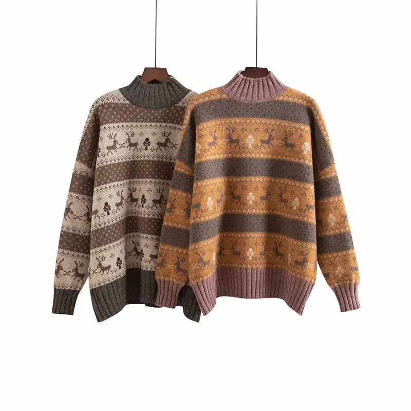 Lazy Wind Turtleneck Elk Striped Sweater Female Cartoon Image Long-sleeved Loose Stitching Contrast Color Knitted Sweater Women
Lazy Wind Turtleneck Elk Striped Sweater Female Cartoon Image Long-sleeved Loose Stitching Contrast Color Knitted Sweater Women