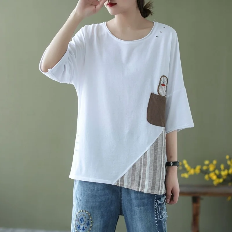 O Neck T Shirts Ladies Solid Color Summer New Art Retro Cartoon Cloth Embroidery Burr T-shirt Short Sleeve Cotton Tops Female 
O Neck T Shirts Ladies Solid Color Summer New Art Retro Cartoon Cloth Embroidery Burr T-shirt Short Sleeve Cotton Tops Female