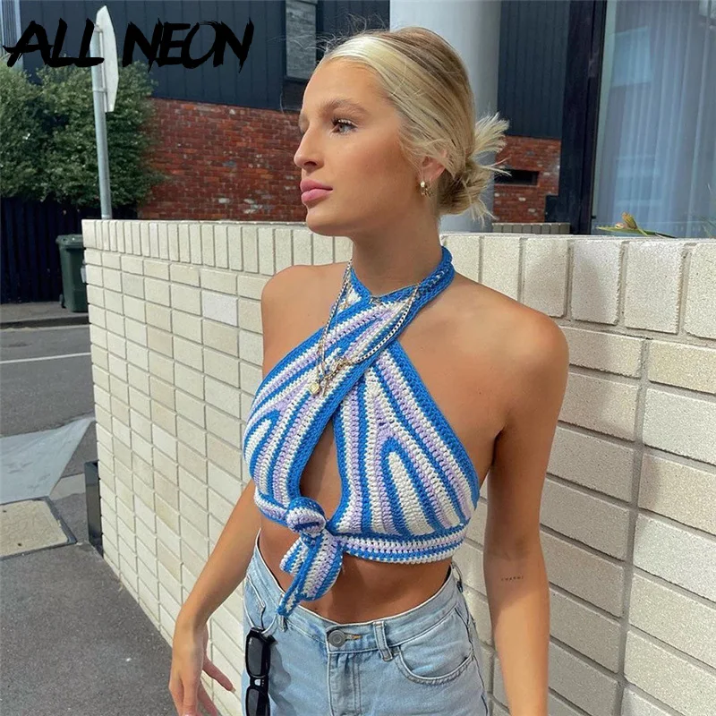 ALLNeon Summer 2000s Fashion Striped Crochet Crop Tops Y2K Streetwear Backless Cross Halter Tank Tops Sexy Lace-Up Beachwear
ALLNeon Summer 2000s Fashion Striped Crochet Crop Tops Y2K Streetwear Backless Cross Halter Tank Tops Sexy Lace-Up Beachwear