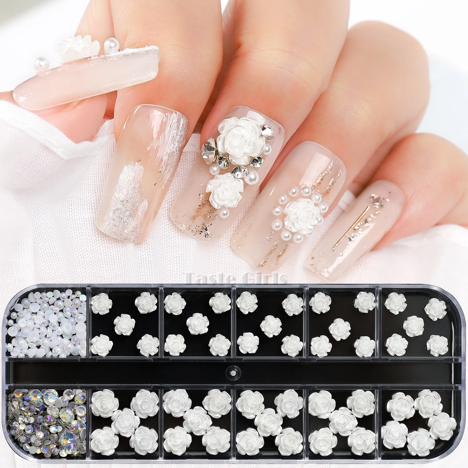 1 Box Japan 3D White Rose Camellia Flowers Pearls Purple Diamonds Nail Art Rhinestone Jewelry Decorations Manicure DIY Ornaments
1 Box Japan 3D White Rose Camellia Flowers Pearls Purple Diamonds Nail Art Rhinestone Jewelry Decorations Manicure DIY Ornaments