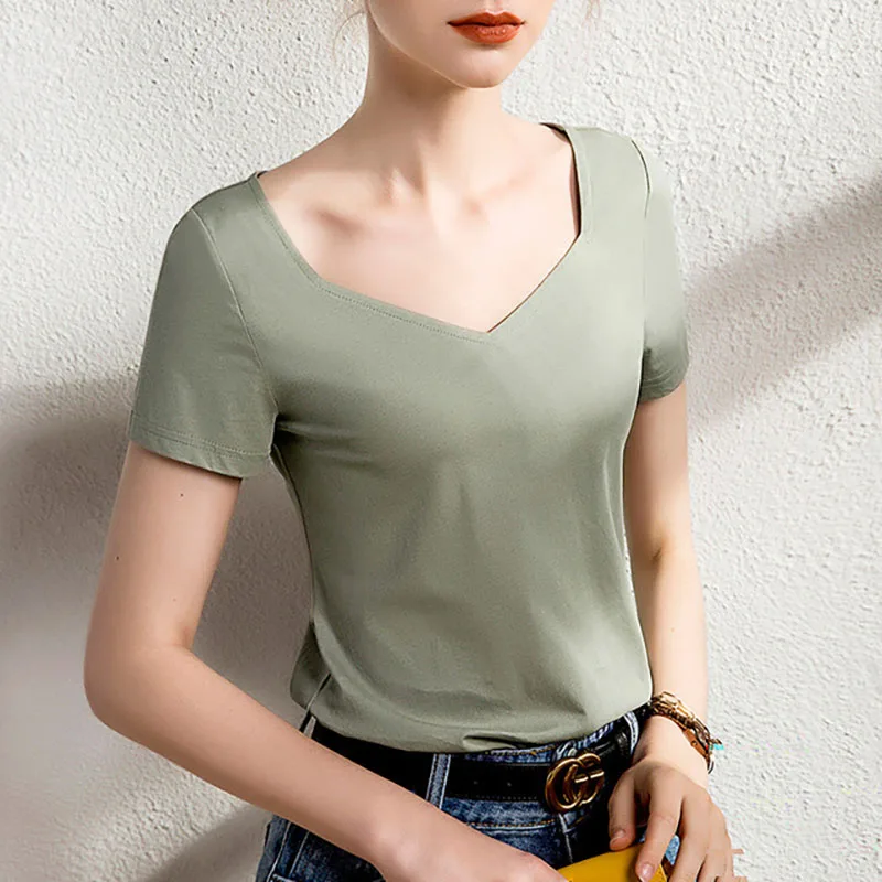 Women Cotton T-shirt Square Collar Short Sleeve Solid color All match Lady Top for Summer spring women Casual Shirt
Women Cotton T-shirt Square Collar Short Sleeve Solid color All match Lady Top for Summer spring women Casual Shirt