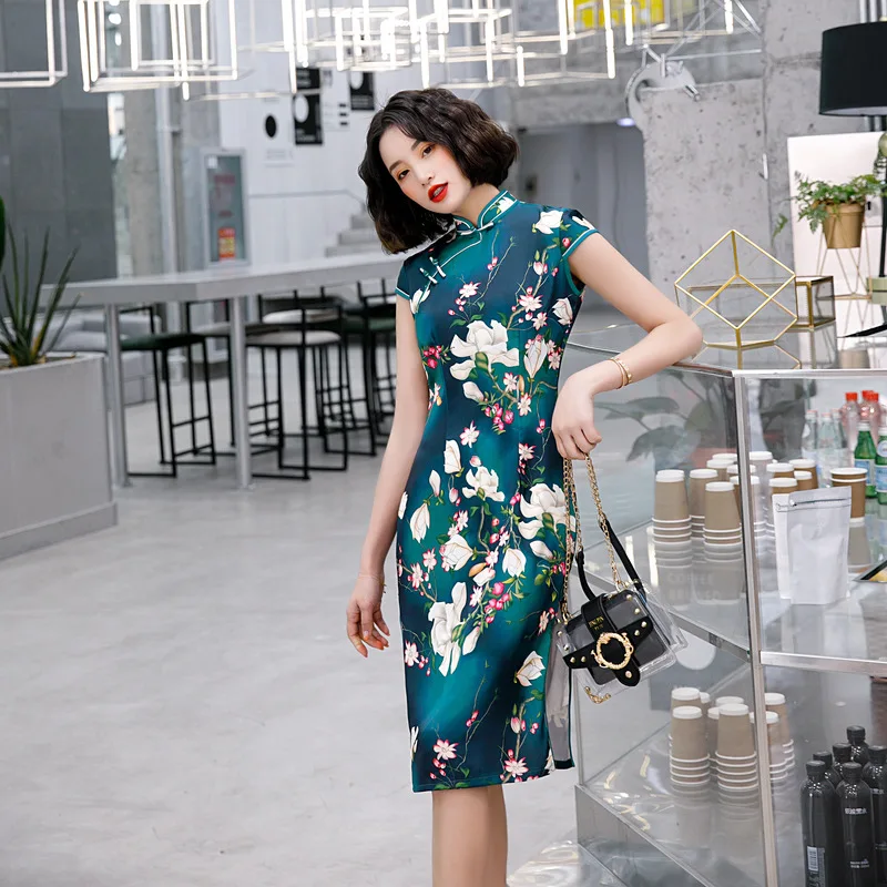 Летнее Новое зеленое традиционное китайское платье Ципао с цветочным принтом