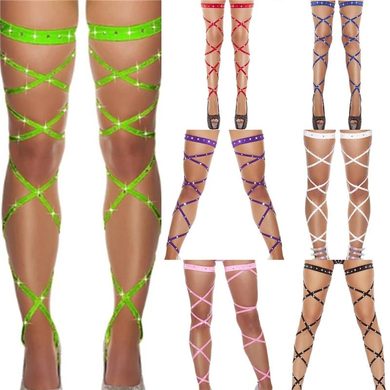 

Sexy Women Bandage Fishnet Stockings Thigh-High Crystal Studded Thigh High Leg Rave Wraps Strappy Rhinestone Tights