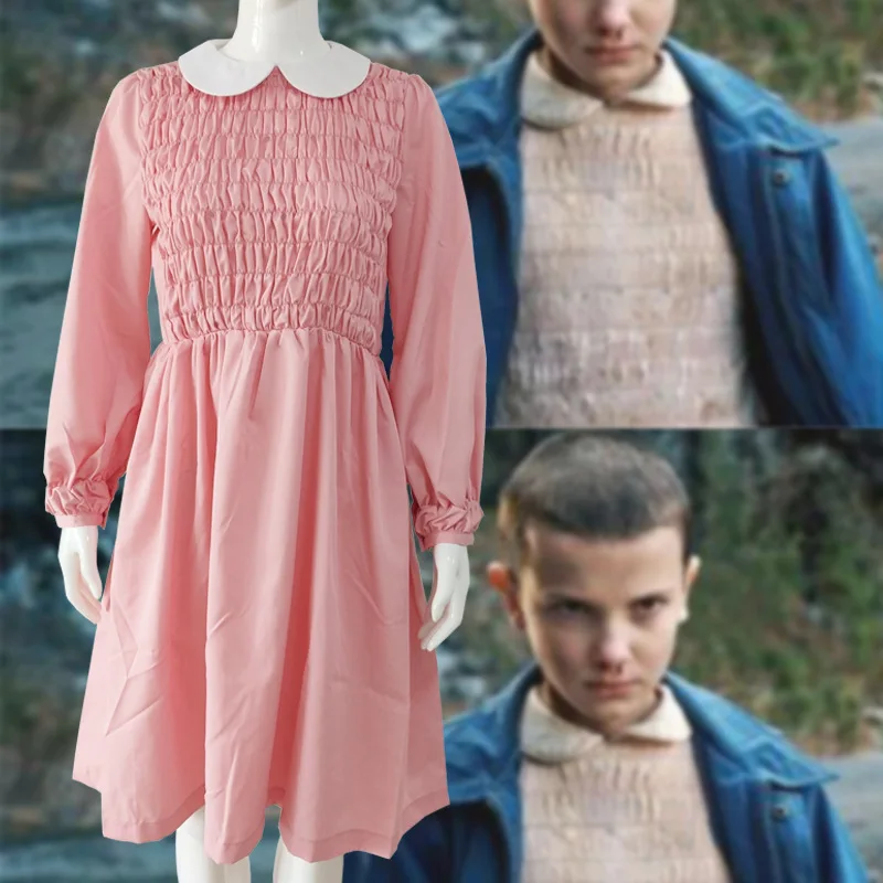 

Stranger-Things Season 3 Movie Eleven Cosplay Costume Halloween Party Fancy Dress Outfit Women Pink Long Sleeve Dress Xmas Gift