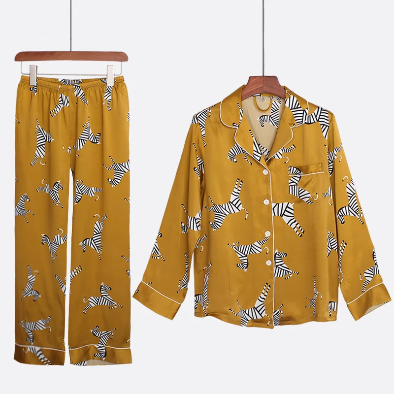 

Комплект из 2 предметов одежда для сна; Пижама с принтом; Пижамы для девочек 100% Шелковая ночная рубашка свободные сна комплект со штанами и т...