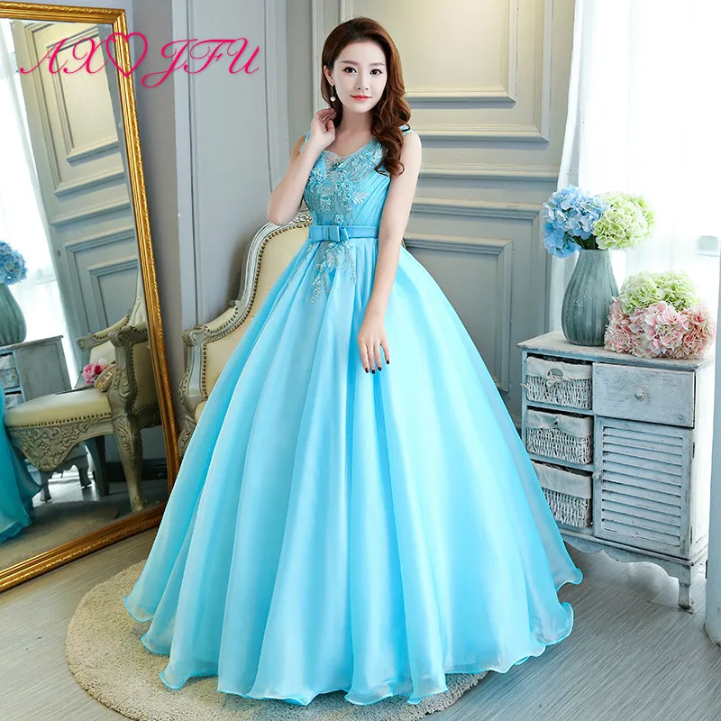 AXJFU luxury princess blue lace bow evening dress vintage v neck beading crystal sleeveless flower ball gown blue evening dress 
AXJFU luxury princess blue lace bow evening dress vintage v neck beading crystal sleeveless flower ball gown blue evening dress