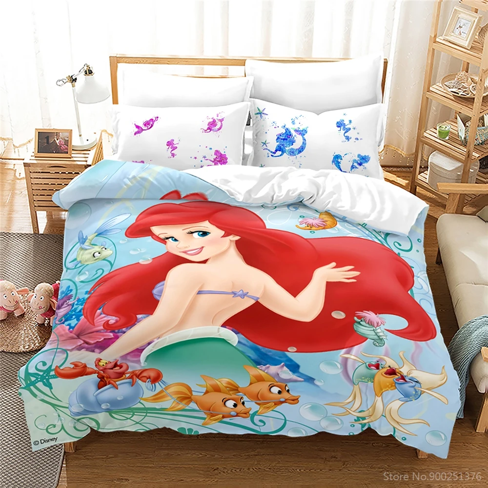 

Комплект постельного белья с красивой принцессой Ариэль, комплект с пододеяльником и 3D-принтом из мультфильма Диснея, Королевский размер, Текстиль для дома, подарок для девочек