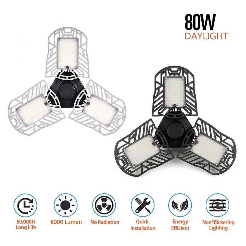144LED 80W/E26 Transformable Folding Light 8000K Garage Light 360 Degrees Three-Leaf Deformable Ceiling Light Workshop Lamp
144LED 80W/E26 Transformable Folding Light 8000K Garage Light 360 Degrees Three-Leaf Deformable Ceiling Light Workshop Lamp