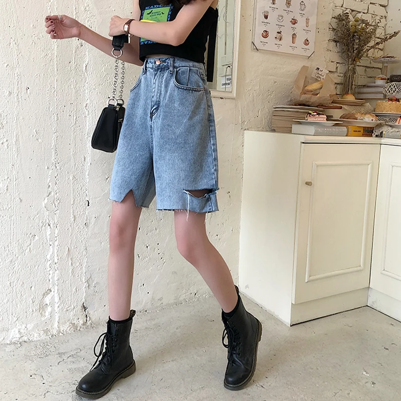 

Broken Holes Women's 2021 Summer New Straight Wide-Leg Pants Loose All-Match High Waist Jeans Five-Point Shorts Fashion