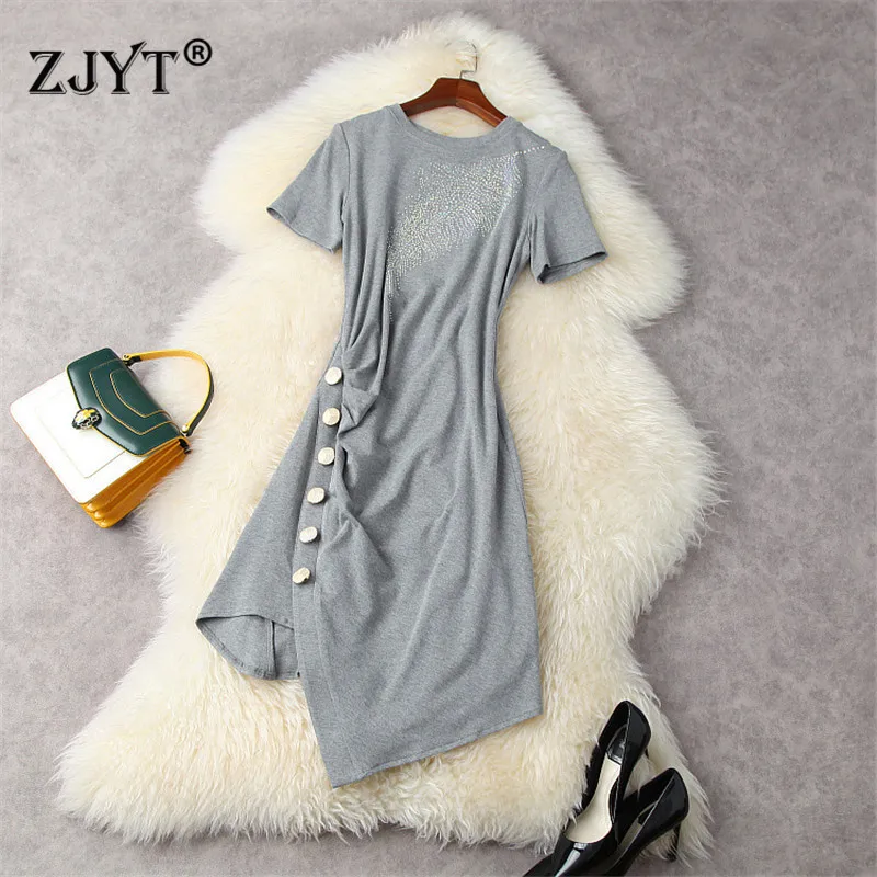 High Street Fashion Summer Short Sleeve Women Diamonds Buttons Solid Grey Asymmetrical T Shirt Dress Casual Robe Femme
High Street Fashion Summer Short Sleeve Women Diamonds Buttons Solid Grey Asymmetrical T Shirt Dress Casual Robe Femme