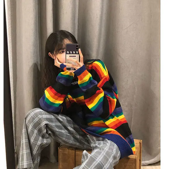 2021 new autumn and winter new Rainbow Striped T-shirt for female students
2021 new autumn and winter new Rainbow Striped T-shirt for female students