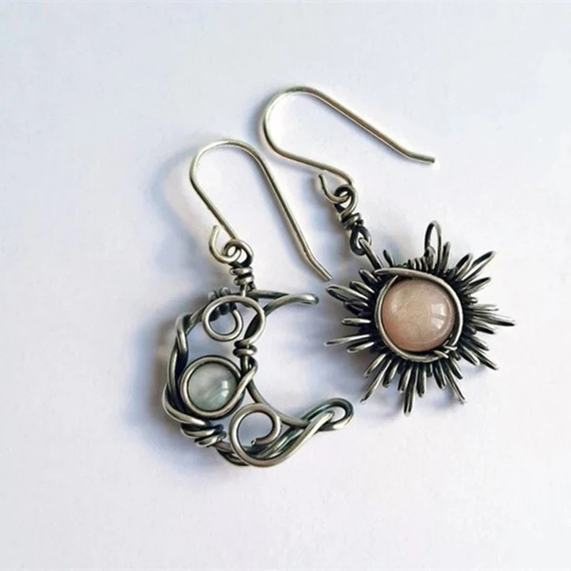 

New Sun Moon Pendant Hook Earrings Bohemian Retro Moonstone Asymmetric Handmade Mid-length Metal Earrings Women's Jewelry