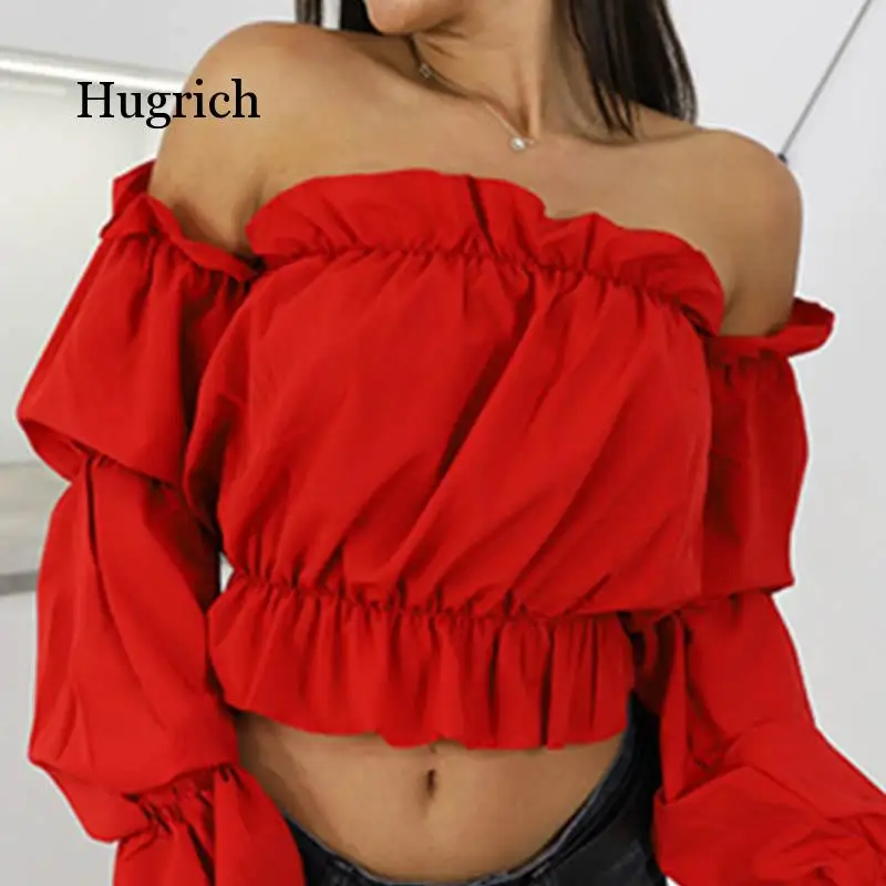 

Женский укороченный топ с открытыми плечами, летняя блузка в горошек с рукавами-фонариками и вырезом лодочкой, ярких цветов, 2020
