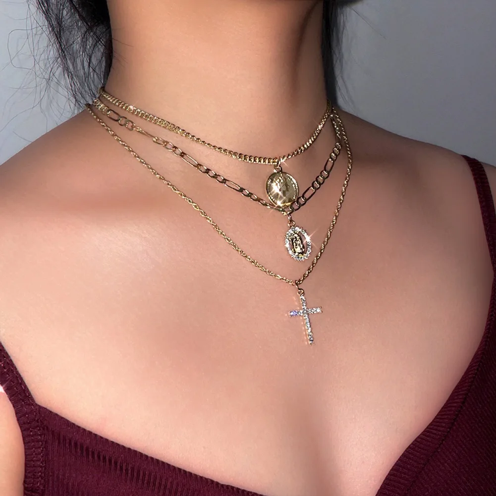 Punk Multilayered Cross Coin Pendant Necklace For Women Gold Color Rhinestone Portrait Chain Choker Necklaces 2021 new Jewelry
Punk Multilayered Cross Coin Pendant Necklace For Women Gold Color Rhinestone Portrait Chain Choker Necklaces 2021 new Jewelry