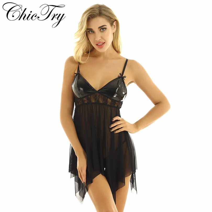 Womens Female Erotic Sleepwear Dress Lingerie Set Adjustable Straps V Neck Mesh Chemise Babydoll Nightdress with G-string Briefs
Womens Female Erotic Sleepwear Dress Lingerie Set Adjustable Straps V Neck Mesh Chemise Babydoll Nightdress with G-string Briefs