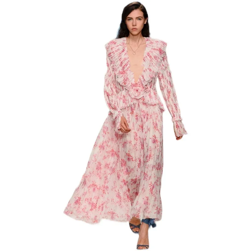 Spring and summer fashion design temperament printing Ruffle elegant Fairy Holiday Dress 
Spring and summer fashion design temperament printing Ruffle elegant Fairy Holiday Dress