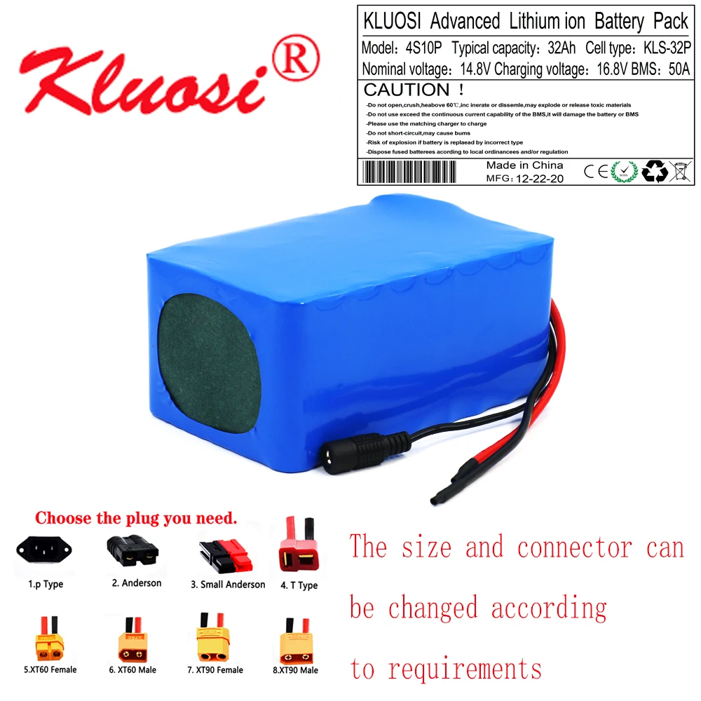 KLUOSI 4S10P 14.8V 32Ah 600Watt 14.4V 16.8V Lithium Battery Pack with 50A BMS for Inverter Smart Robot High-power Equipment Etc |