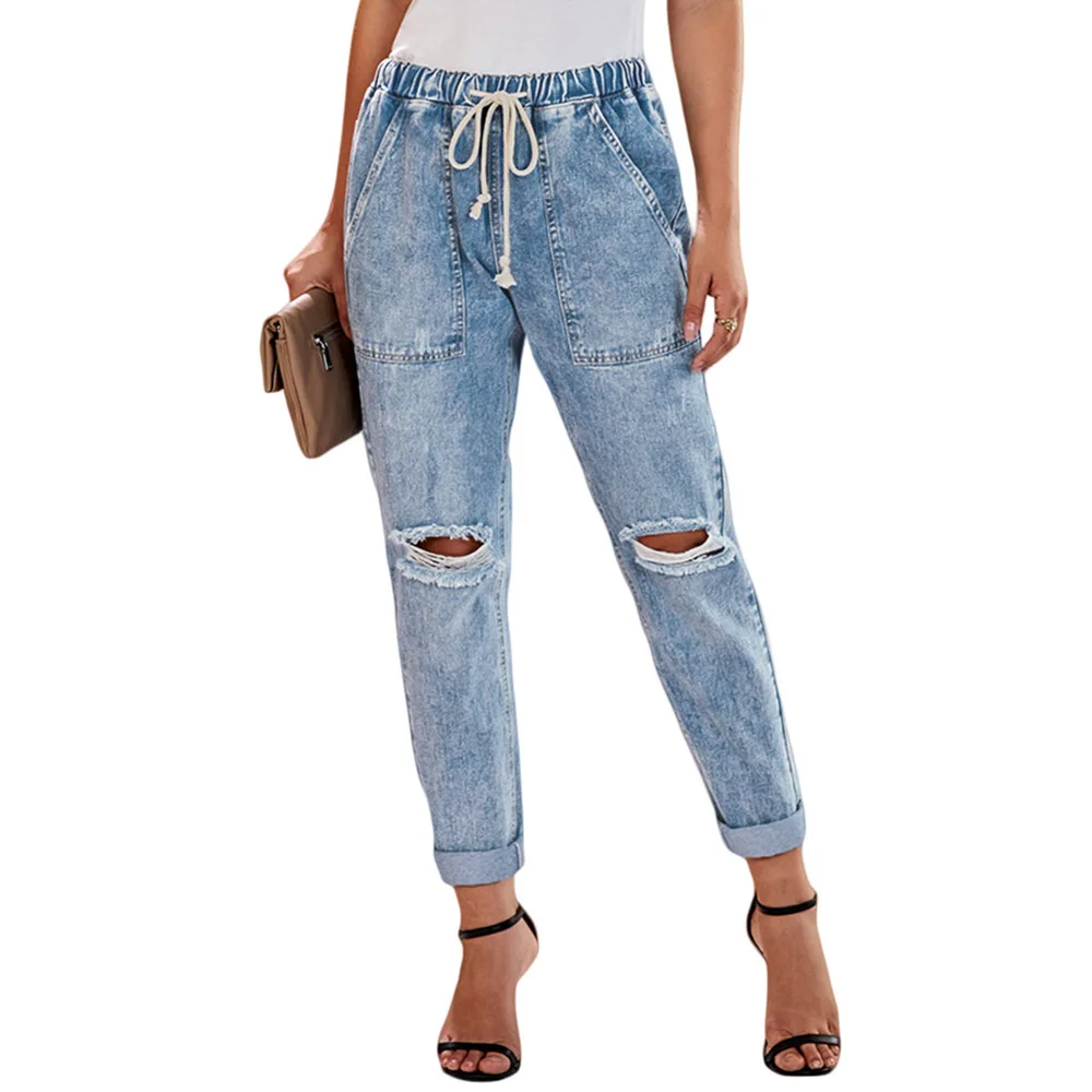 Women Summer Ripped Boyfriend Jeans Fashion Vintage Female Elastic Waist Drawstring High Waist Jeans Straight Ankle Length Pants
Women Summer Ripped Boyfriend Jeans Fashion Vintage Female Elastic Waist Drawstring High Waist Jeans Straight Ankle Length Pants